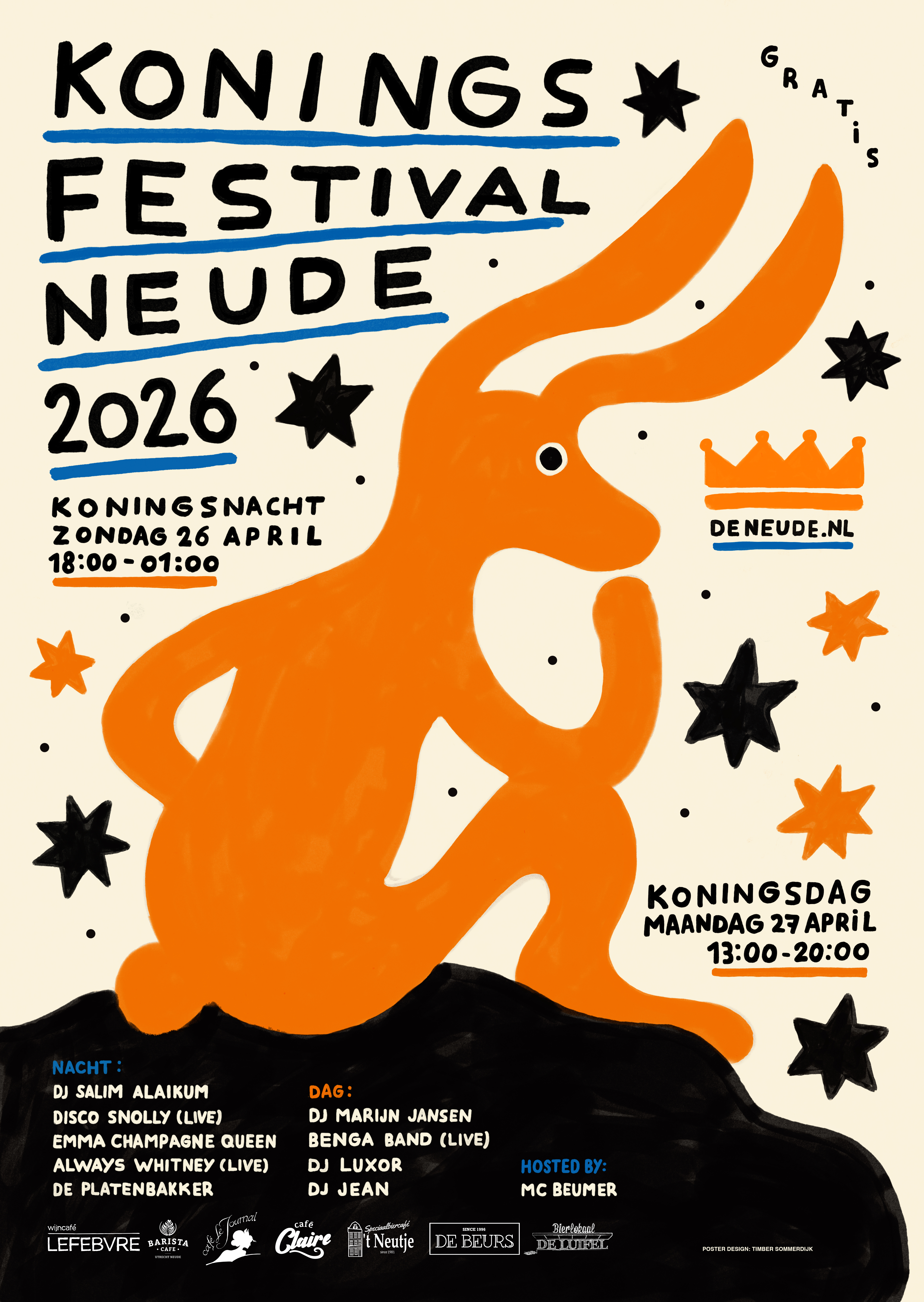 Koningsfestival Neude 2026 — Koningsnacht zondag 26 april 18:00–01:00, Koningsdag maandag 27 april 13:00–20:00. Gratis entree. Line-up nacht: DJ Salim Alaikum, Disco Snolly (live), Emma Champagne Queen, Always Whitney (live), De Platenbakker. Line-up dag: DJ Marijn Jansen, Benga Band (live), DJ Luxor, DJ Jean. Hosted by MC Beumer.